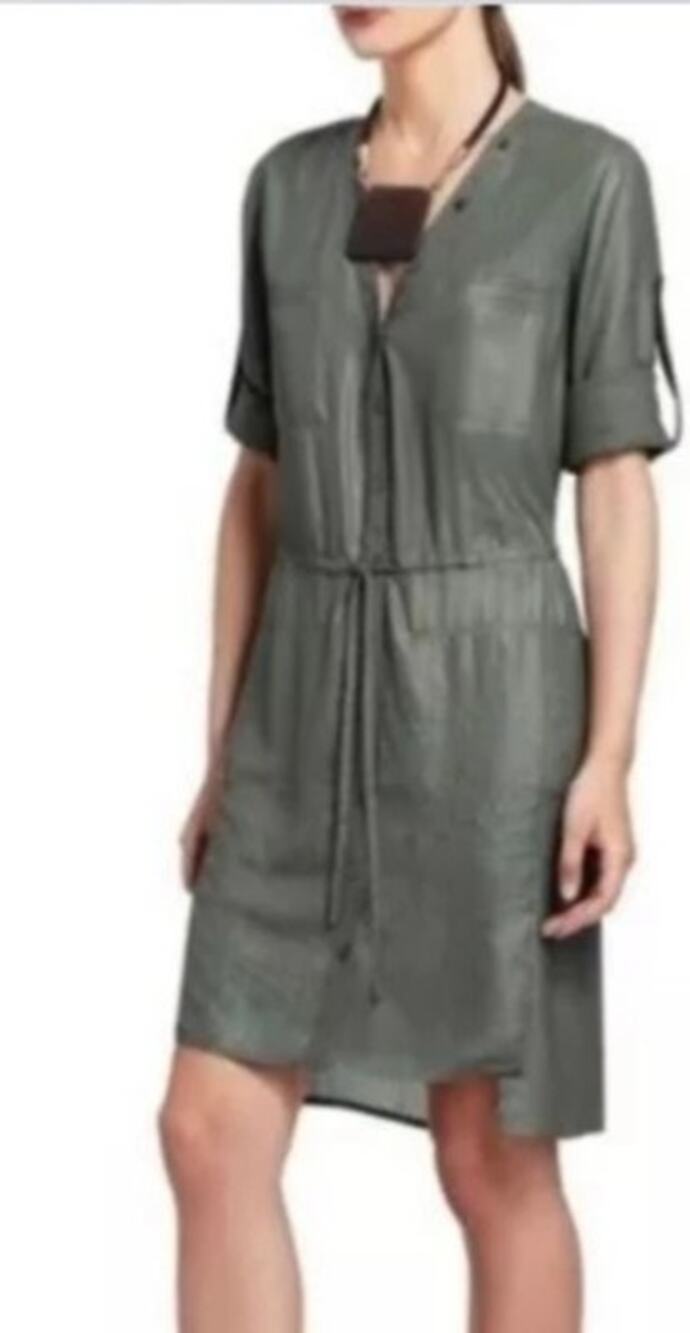 BCBGMAXAZRIA bcbg olive green lightweight semi sheer Olina button front dress